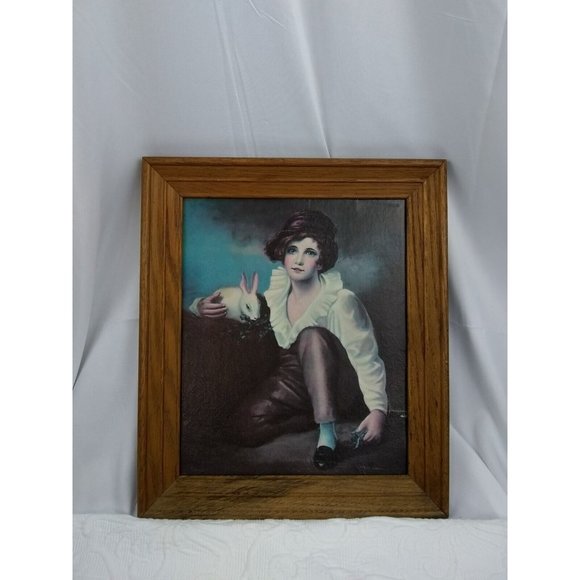 vtg set of 2 girl holding rabbit & boy w/ rabbit framed prints 15" x 13" - Picture 3 of 12